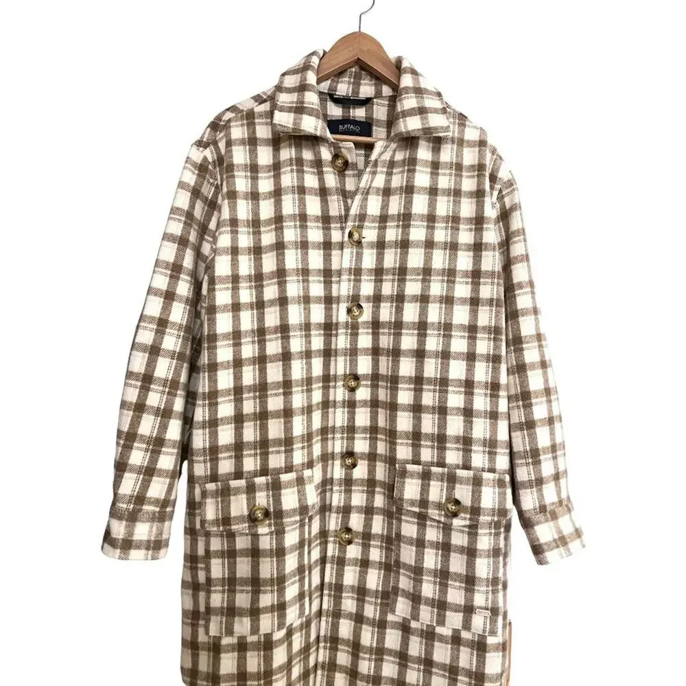 Buffalo David Bitton Large Flannel Cream Brown Plaid Long Line Shacket Cabincore
